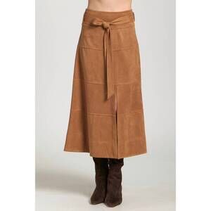 NEW APNY faux suede paneled a-line midi skirt in caramel